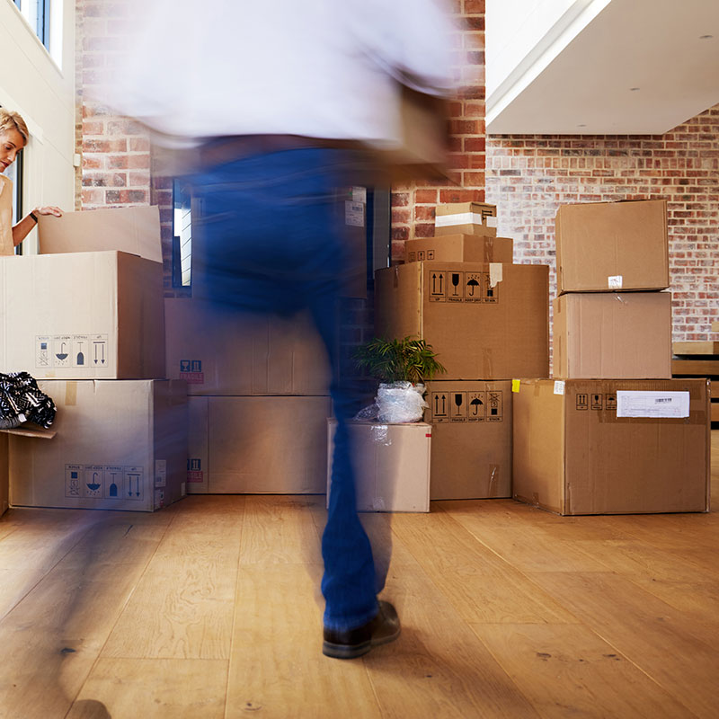 Un déménageur porte un carton dans un bureau