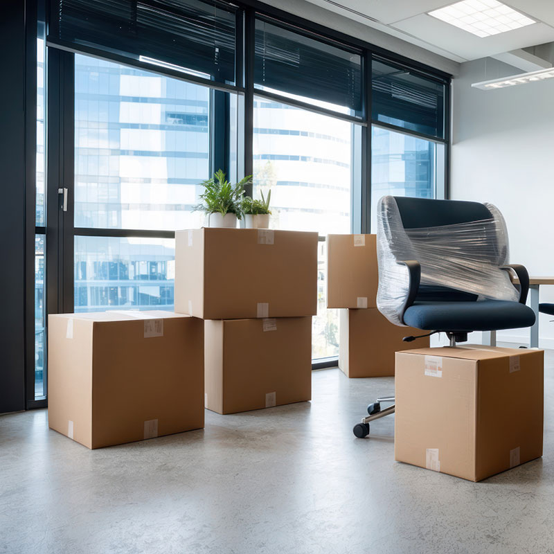 Un bureau avec des cartons fermés et des sièges emballés